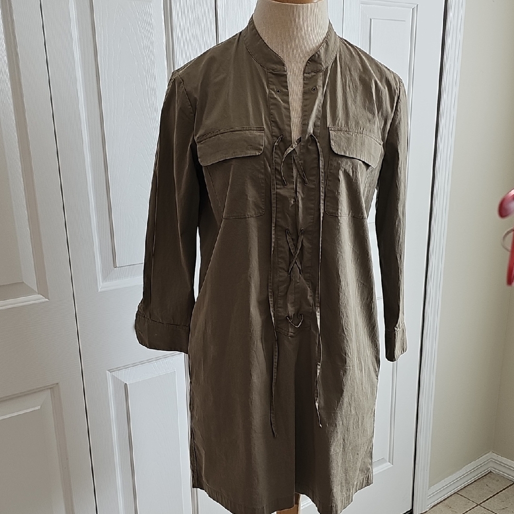 Theory Jullitah Women's Moss Green Shirt Mini Dress Lace Up. Side Pockets Size 4